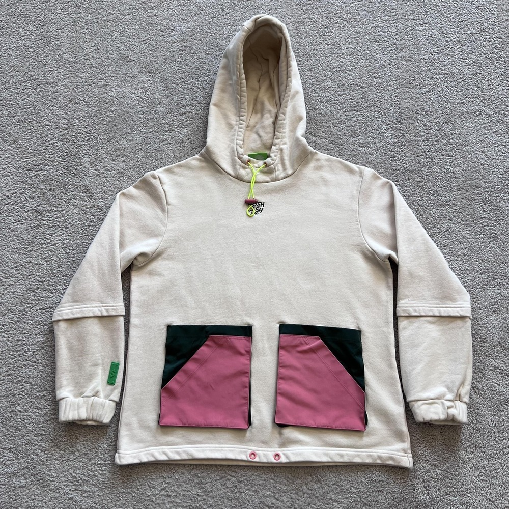 Cash By Cash App Hoodie Mens Medium Beige Pullover Pockets Back Graphic Columns
